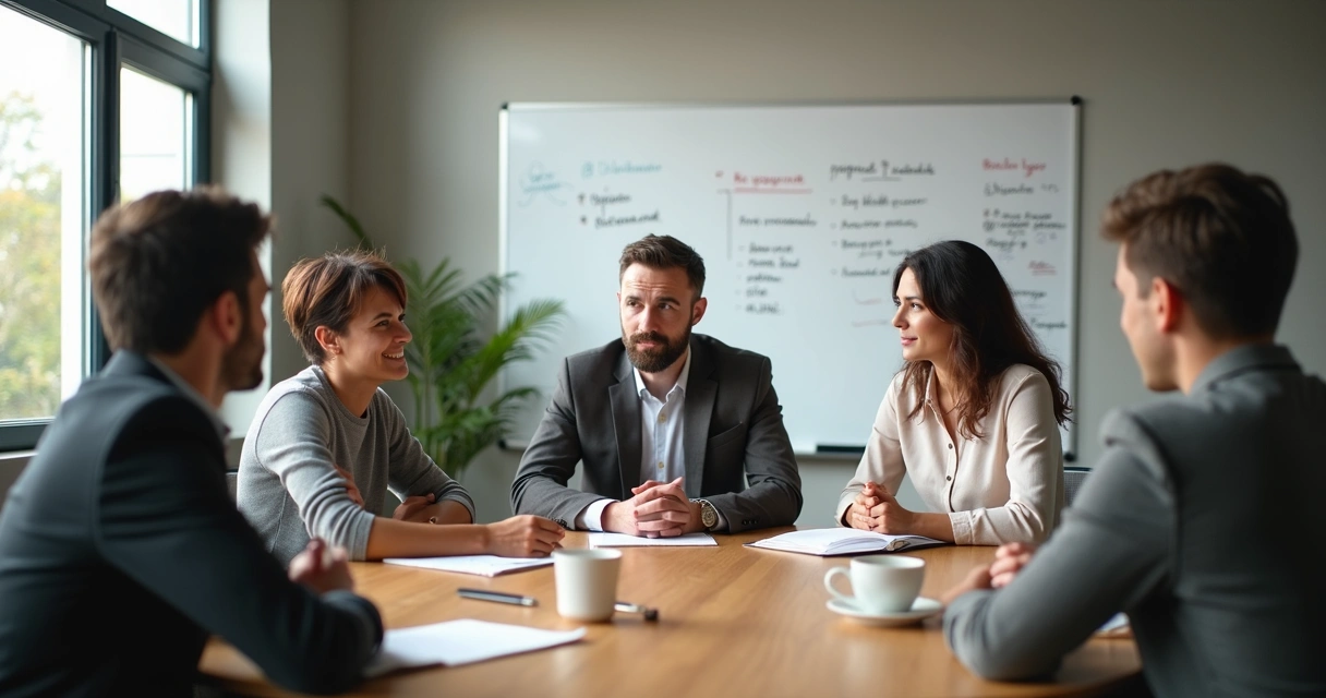 Equipe em reunião de feedback com anotações visuais