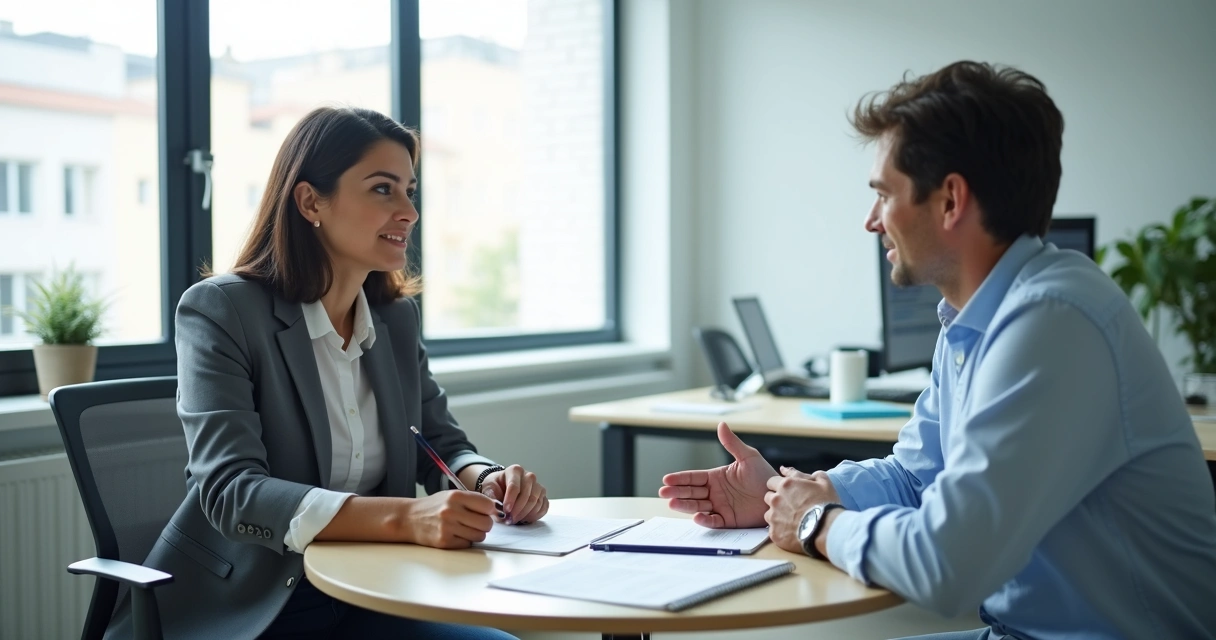 Reunião de feedback entre profissional e gestor em escritório