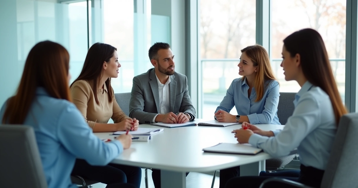 Equipe em reunião de feedback com troca de ideias 