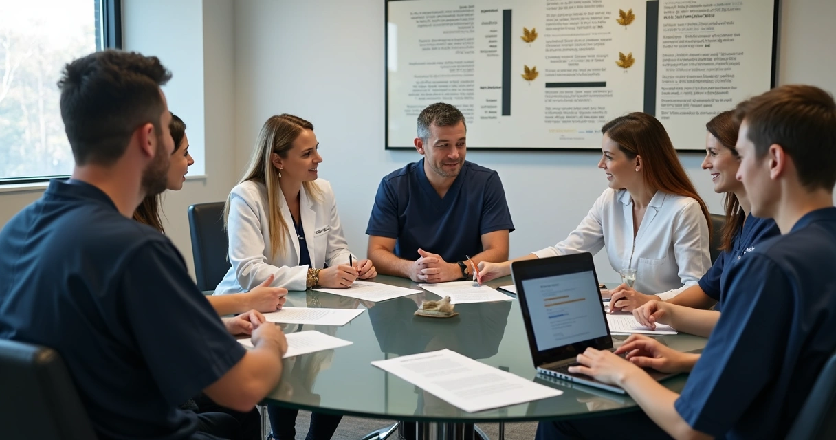 Reunião de equipe em clínica odontológica discutindo avaliações 