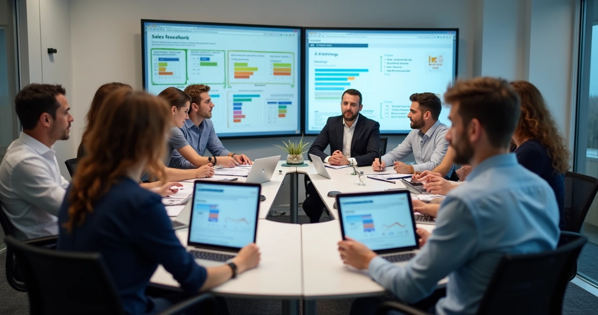 Equipe de vendas em reunião analisando relatórios semanais de feedback 