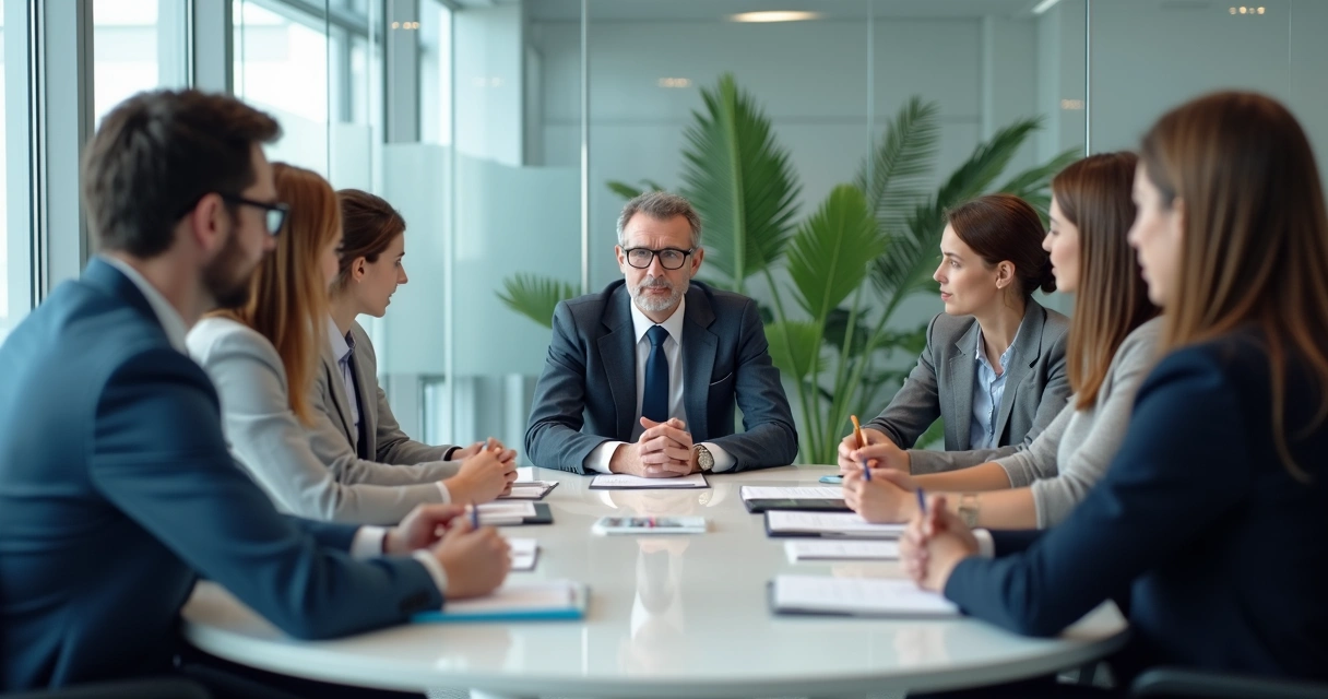 Equipe em reunião de feedback com gestor ao centro 
