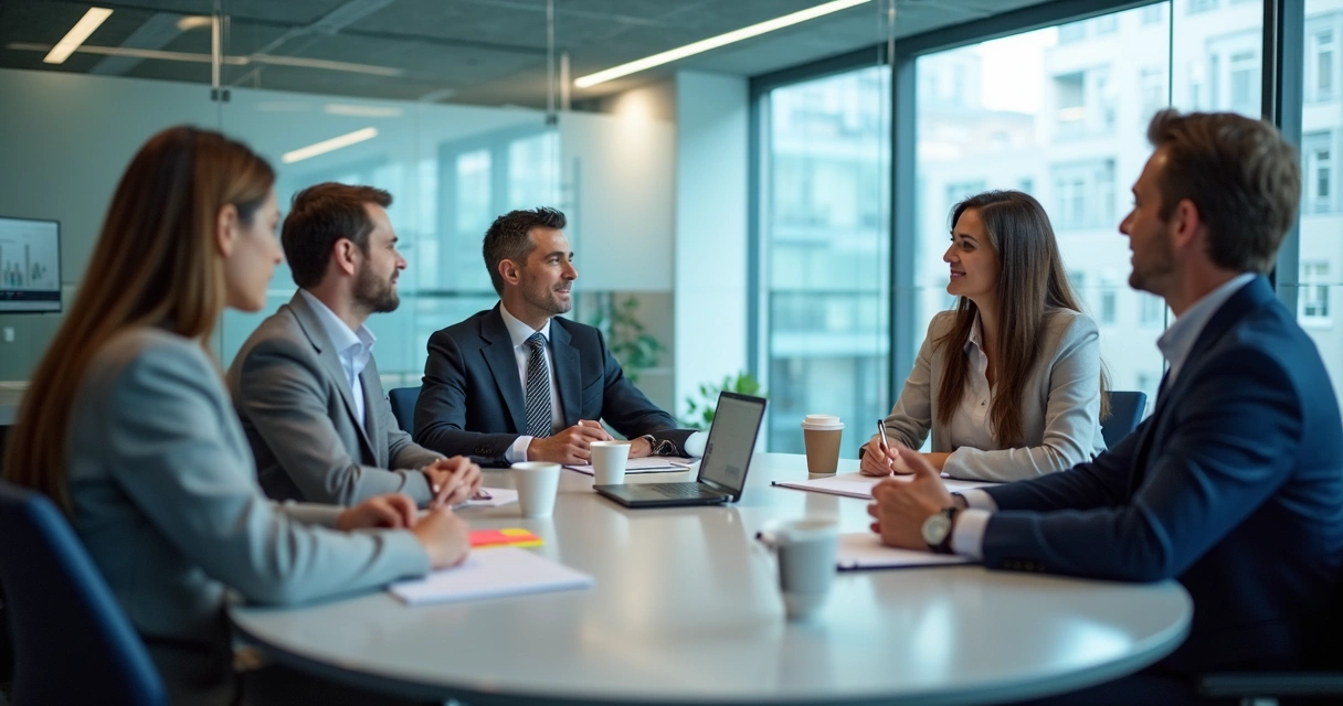 Equipe em reunião com feedback e escuta ativa