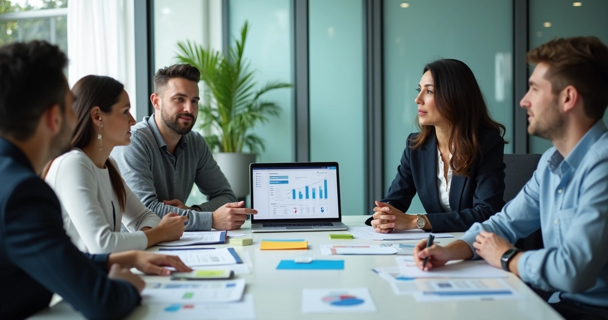 Equipe em reunião de feedback com anotações e gráficos na mesa 