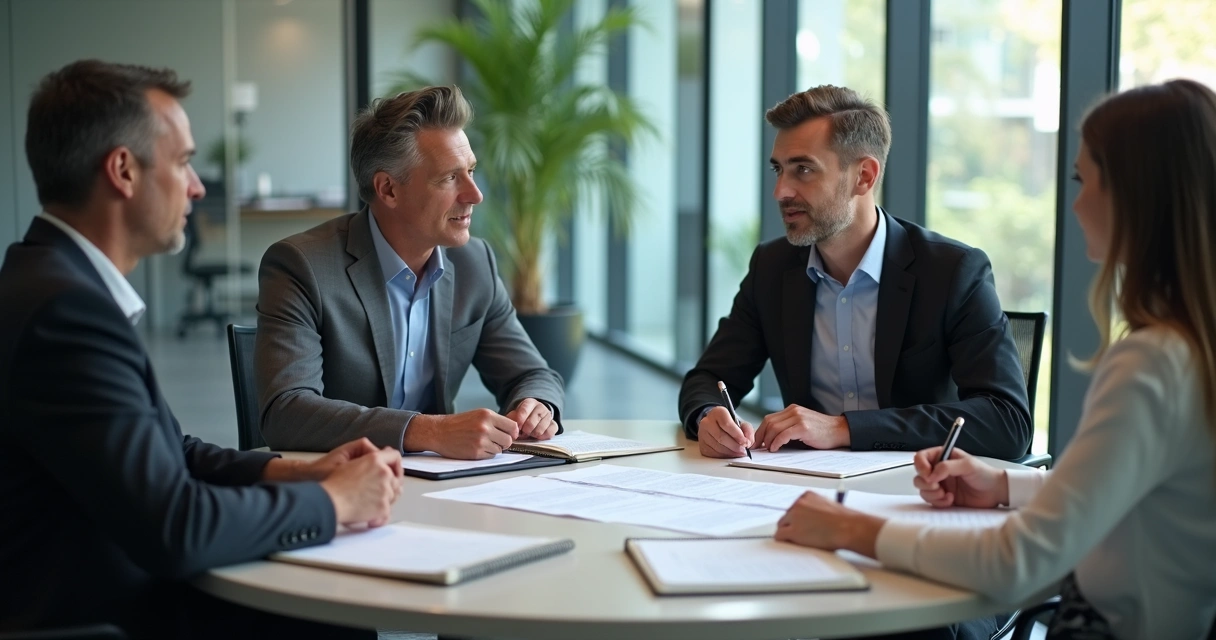 Reunião de feedback entre líder e equipe em ambiente corporativo