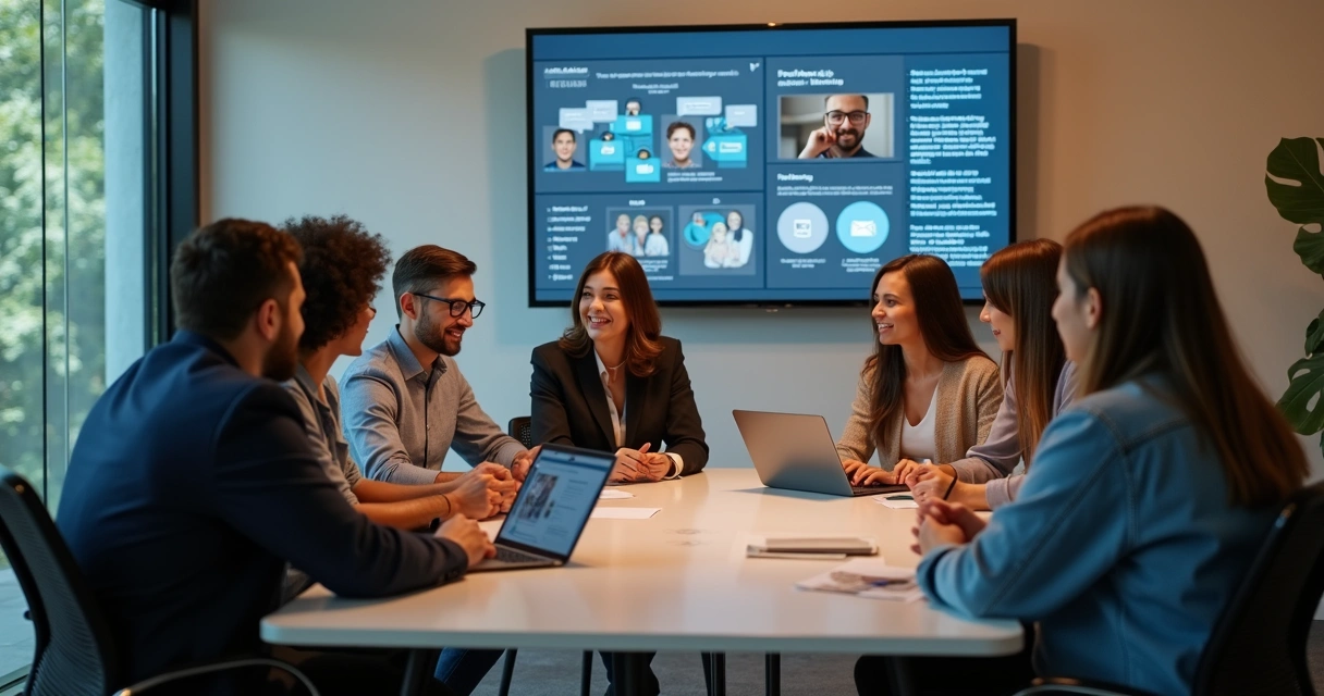 Grupo em reunião de feedback em ambiente corporativo 