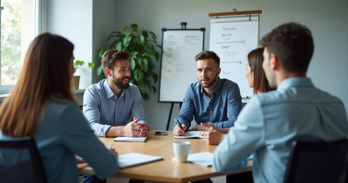Equipe reunida em conversa de feedback com anotações visíveis
