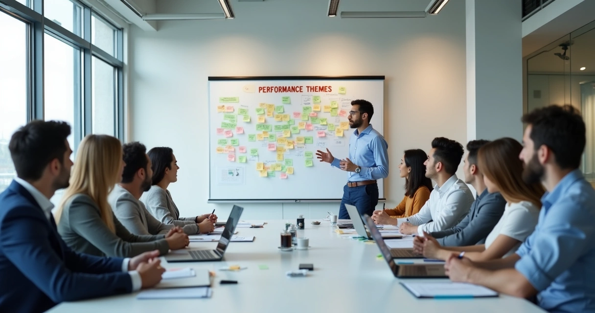 Reunião de equipe analisando feedbacks em painel 