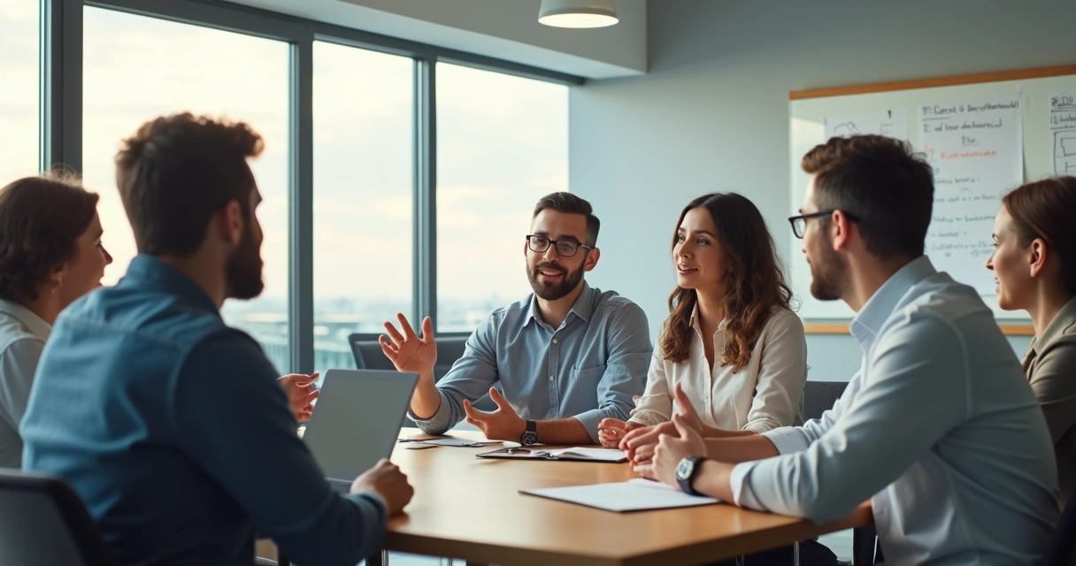 Reunião de equipe em escritório moderno discutindo feedback ao redor de uma mesa 