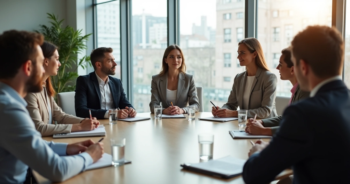 Equipe em reunião de feedback com escuta ativa 