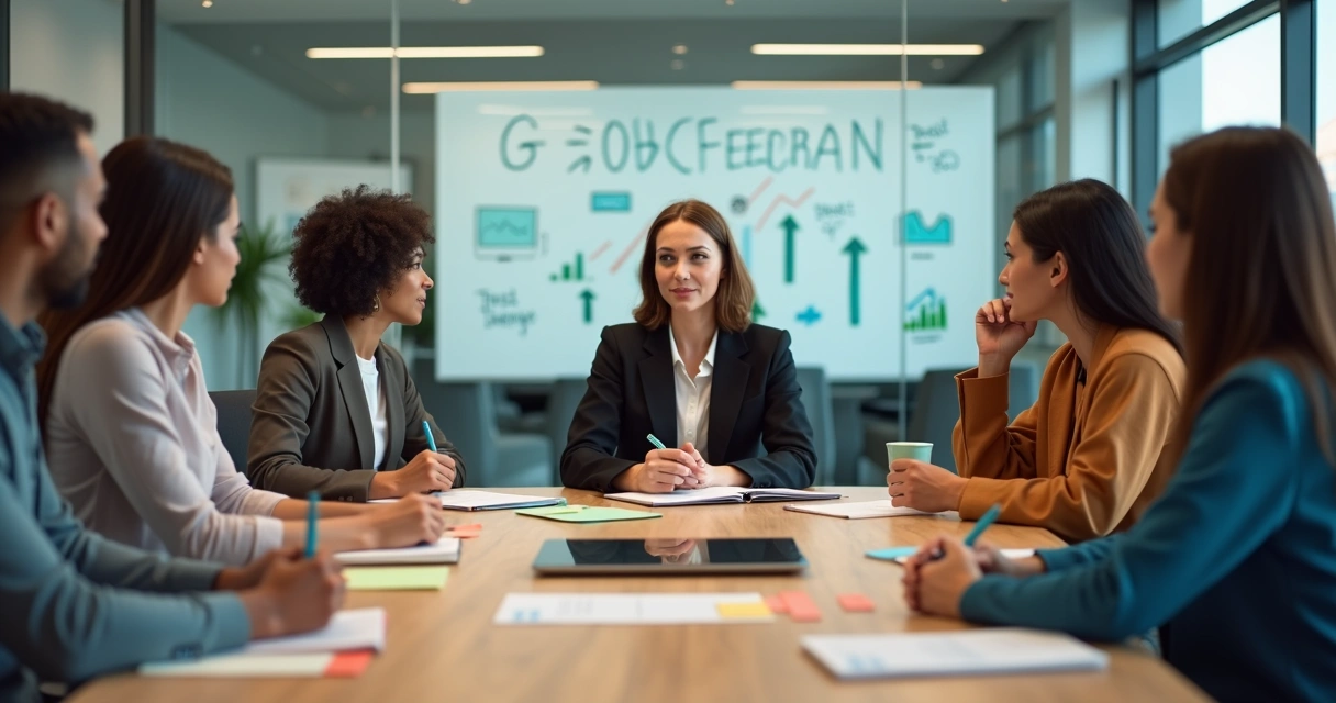 Equipe diversa em reunião dando feedback de forma colaborativa 