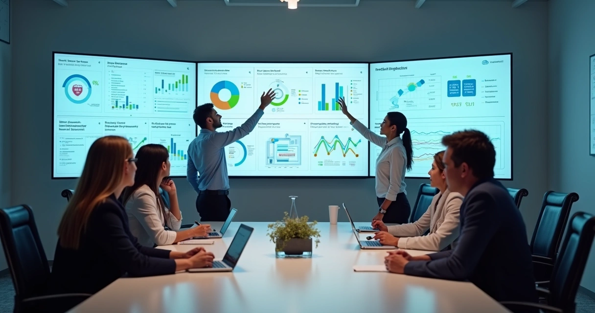 Equipe reunida em sala moderna avaliando feedback de clientes nos painéis digitais 