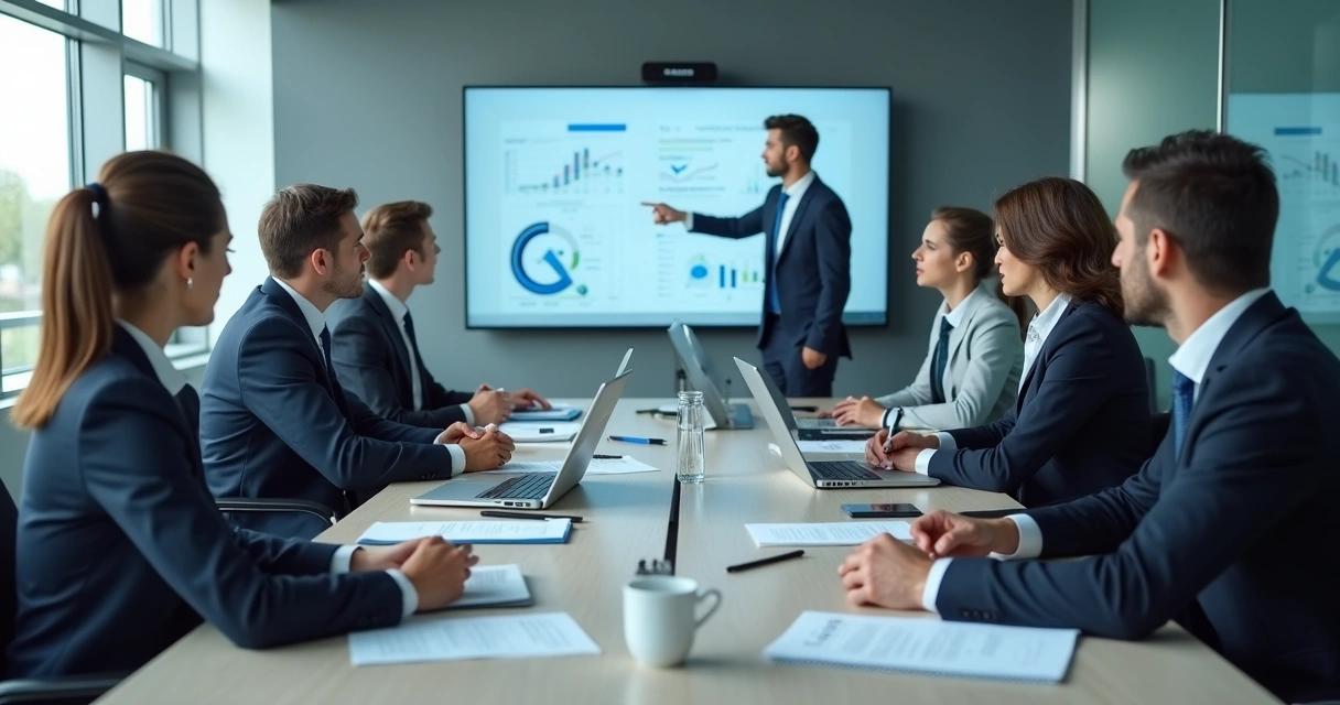 Reunião entre equipes de áreas diferentes em mesa corporativa