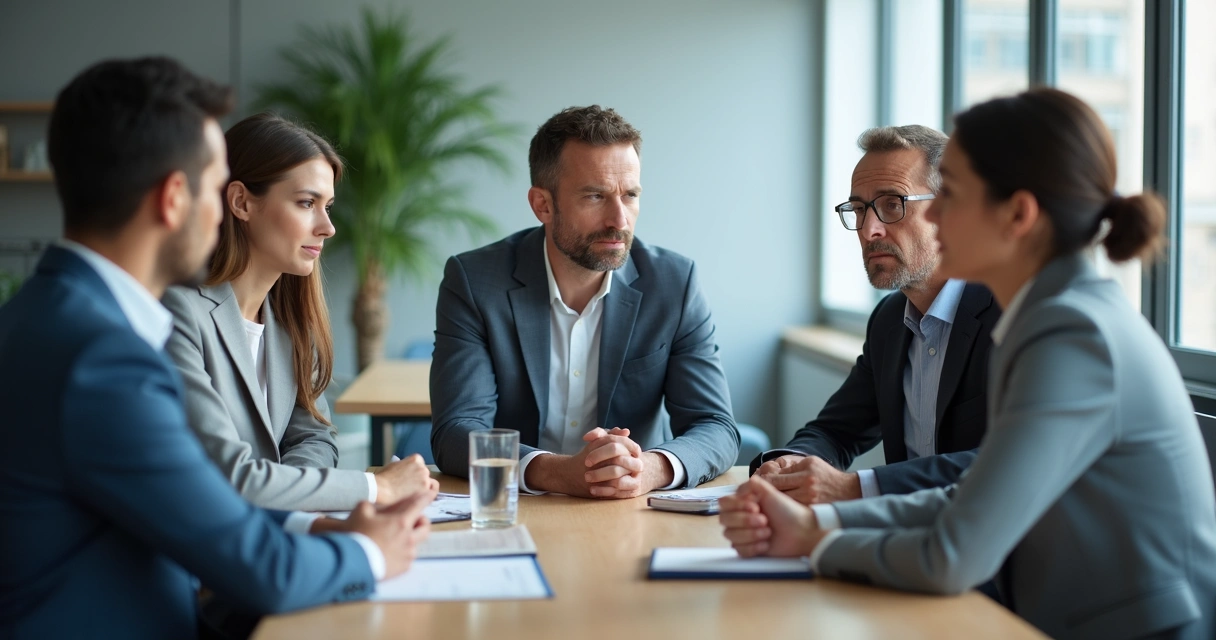 Equipe em reunião ouvindo feedback com postura atenta 