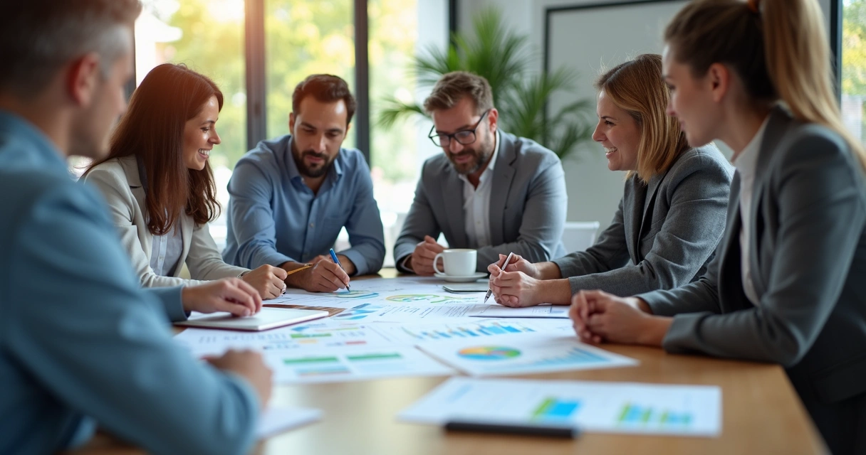 Equipe de finanças analisando feedback de clientes na mesa de reunião