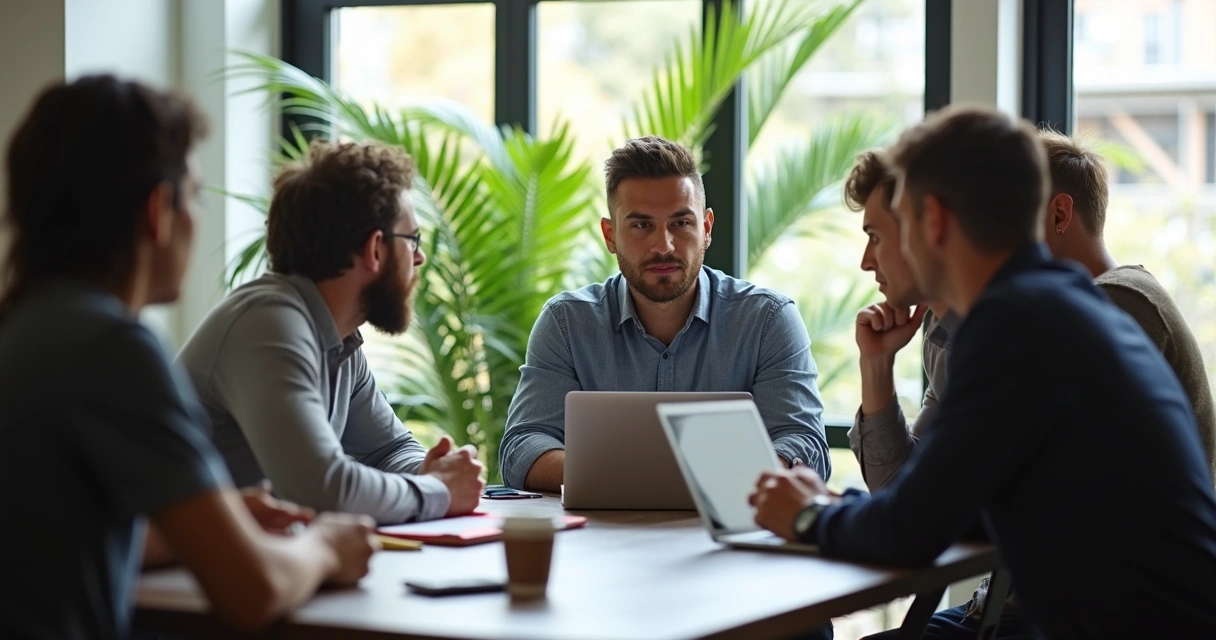 Gestor de startup em reunião dando feedback a funcionários 