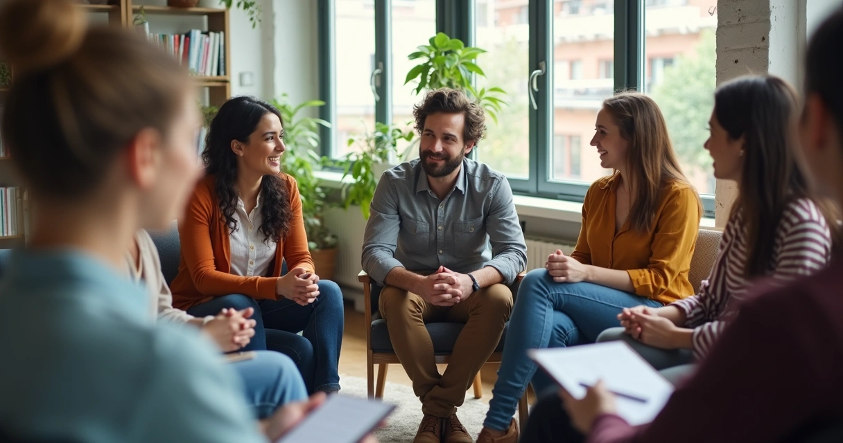 Equipe reunida em círculo, compartilhando experiências e opiniões 