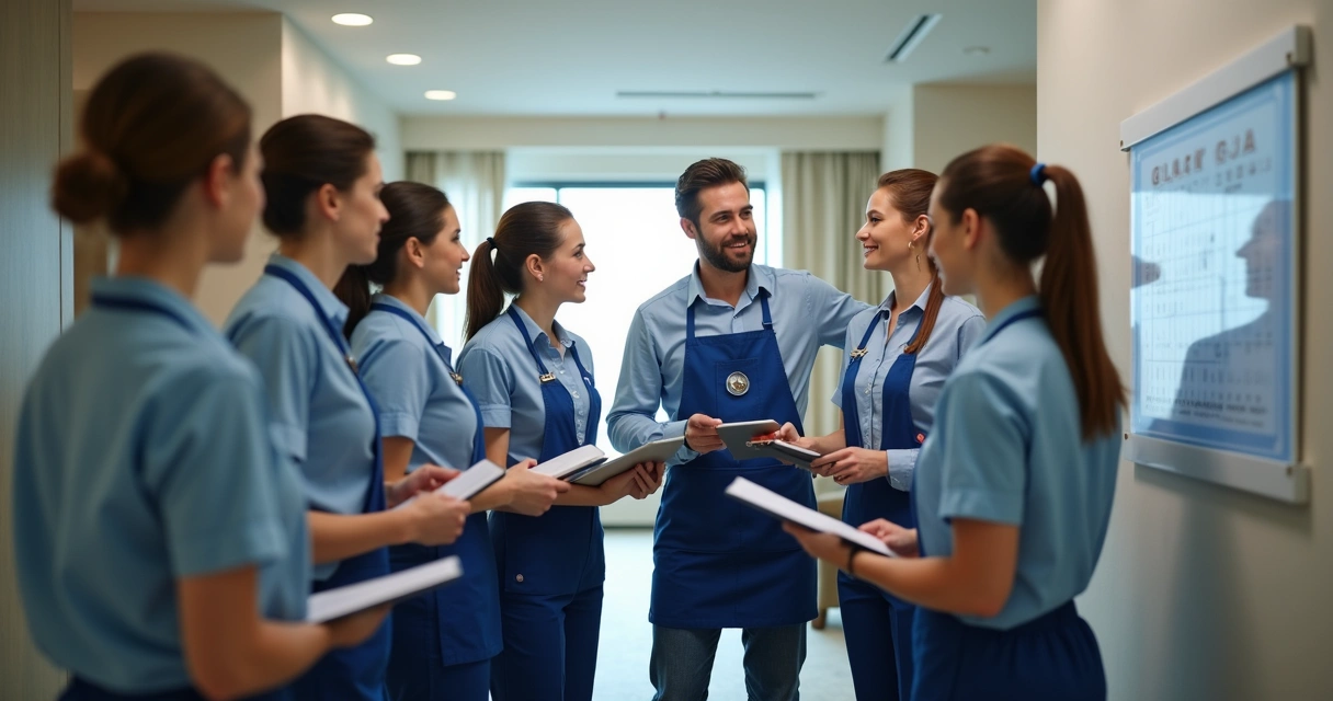 Equipe de hotel reunida em conversa de feedback 