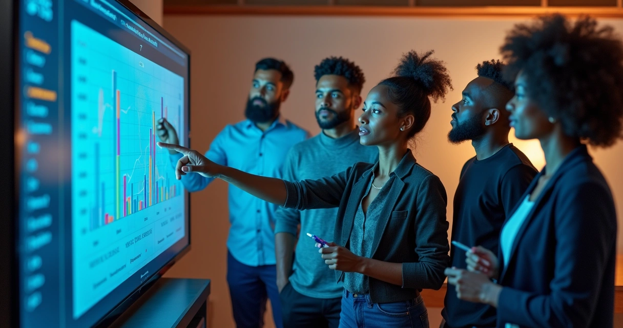 Equipe de RH discutindo frente a uma grande tela com gráficos de inteligência artificial 