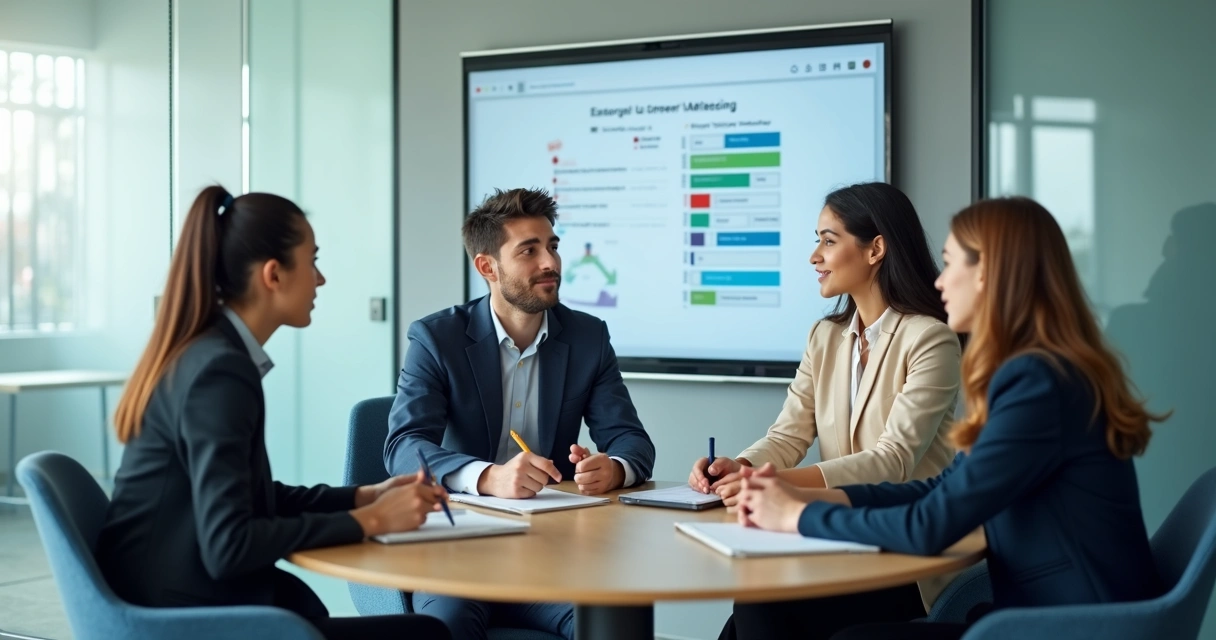 Líder conversando com jovens em reunião de feedback