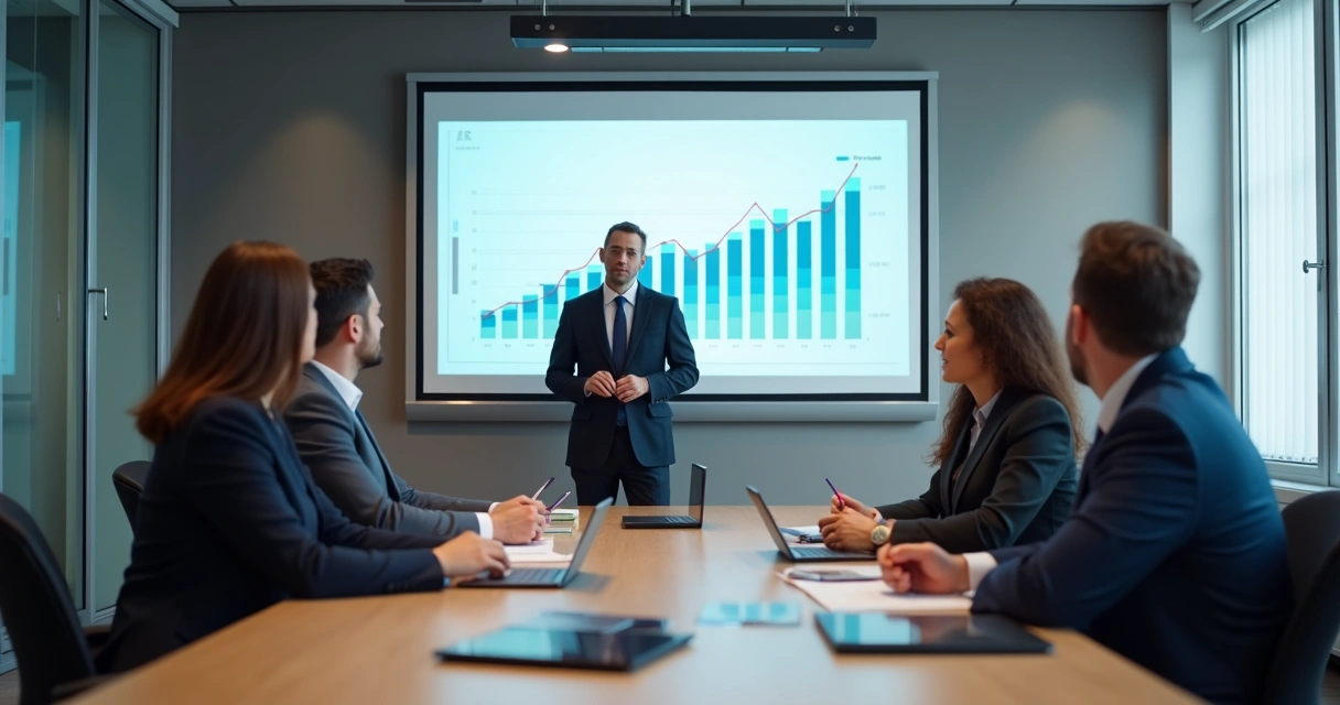 Advogado apresentando gráfico de desempenho em sala de reunião 