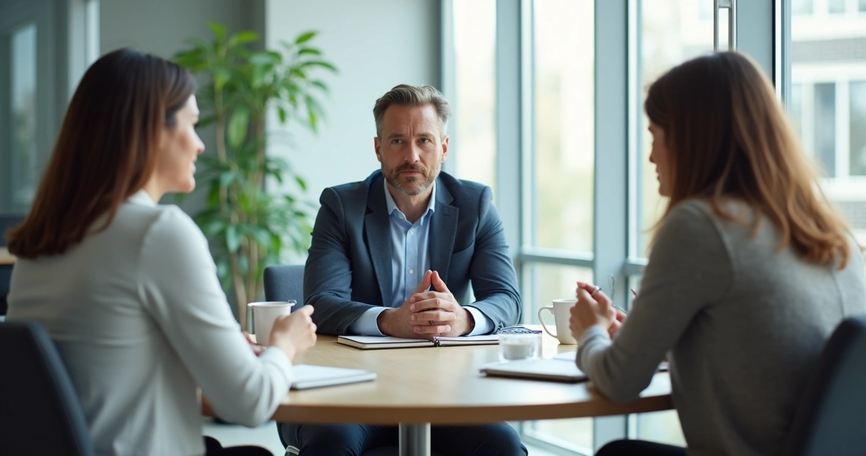 Líder em reunião de feedback com equipe atenta