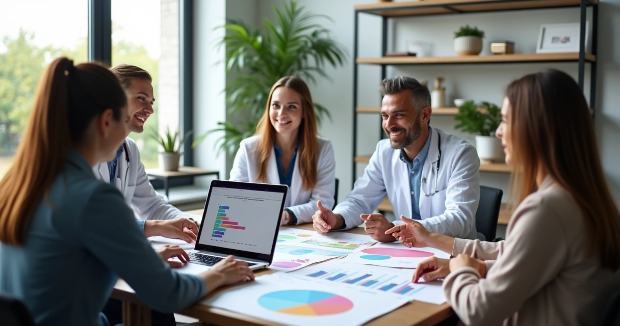 Equipe de clínica odontológica analisando feedbacks de pacientes 