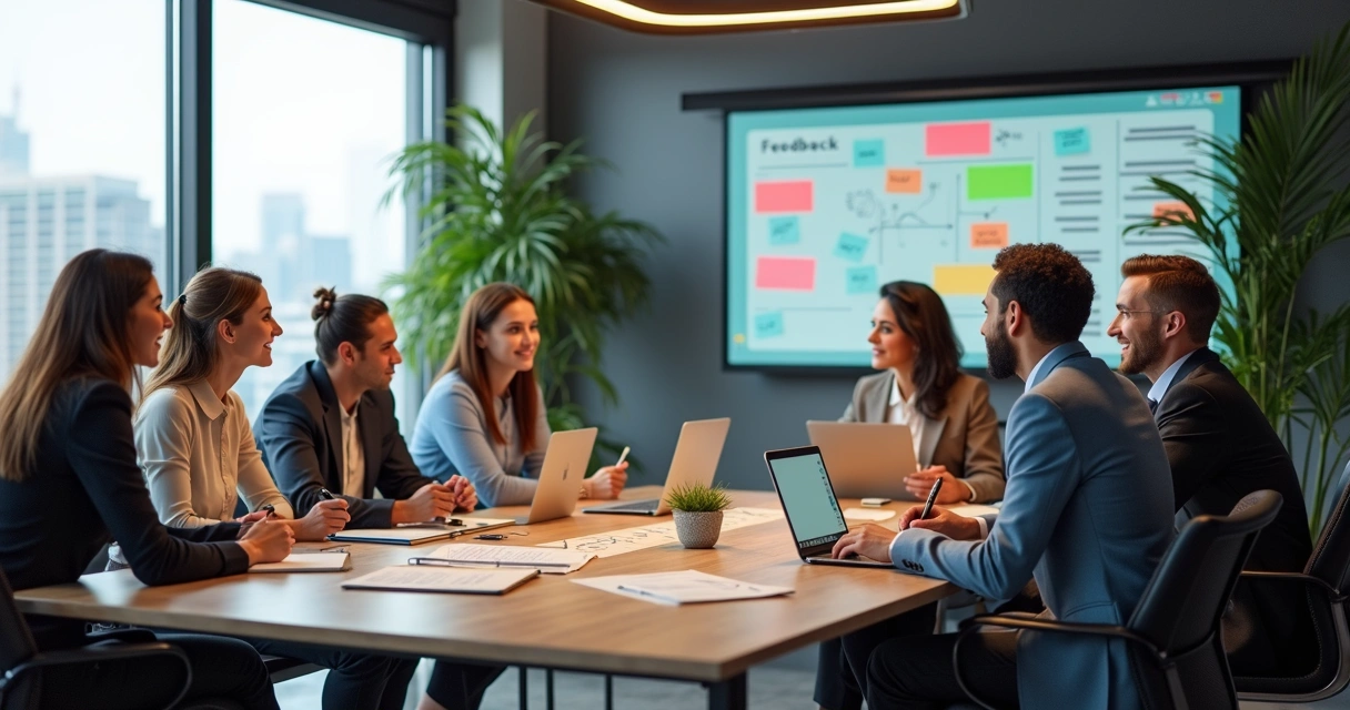 Time discutindo feedbacks qualitativos de parceiros em um escritório moderno 