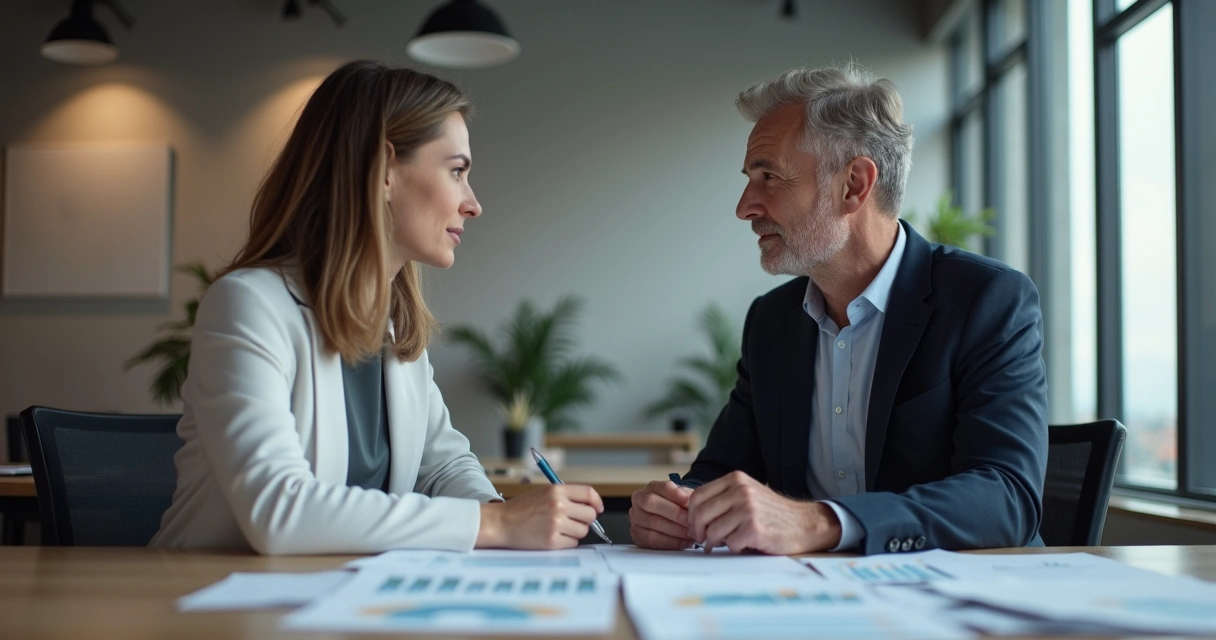 Duas pessoas conversando com expressões sérias em uma mesa de escritório