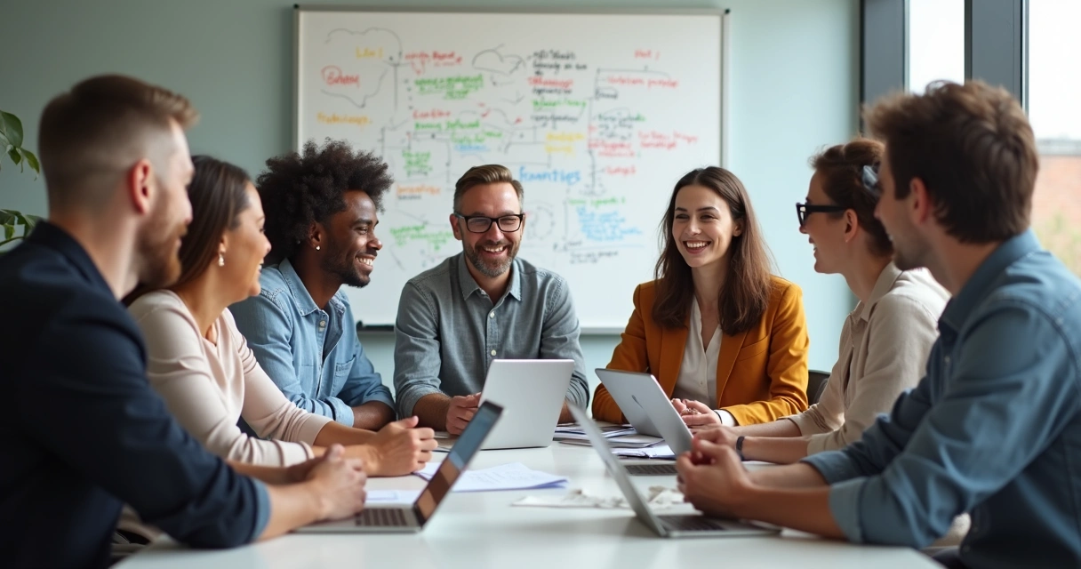 Equipe reunida em uma sala de reunião sorrindo e compartilhando ideias 