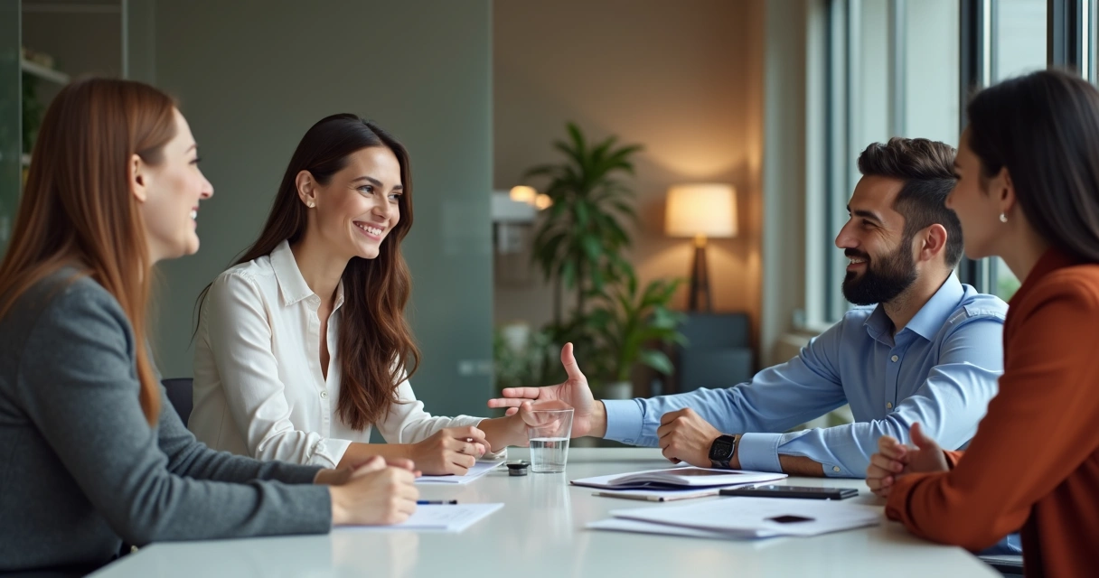 Gestora dando feedback positivo e tocando no ombro de funcionário, ambos sorrindo em sala de reunião 