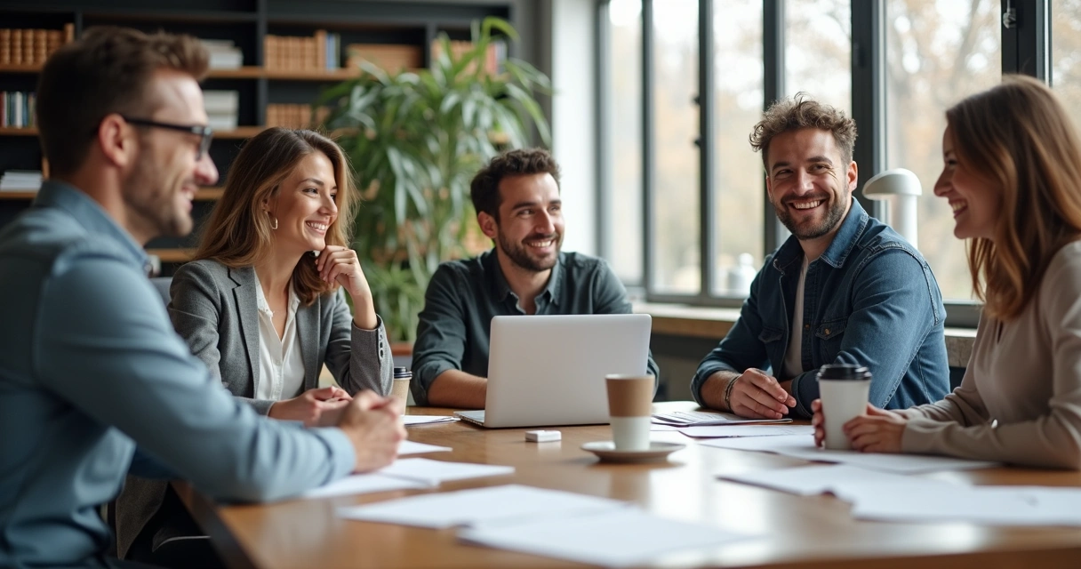 Diversas pessoas reunidas em torno de uma mesa sorrindo, após uma reunião de feedback bem-sucedida 