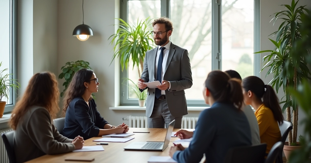 Equipe reunida recebendo feedback do RH 