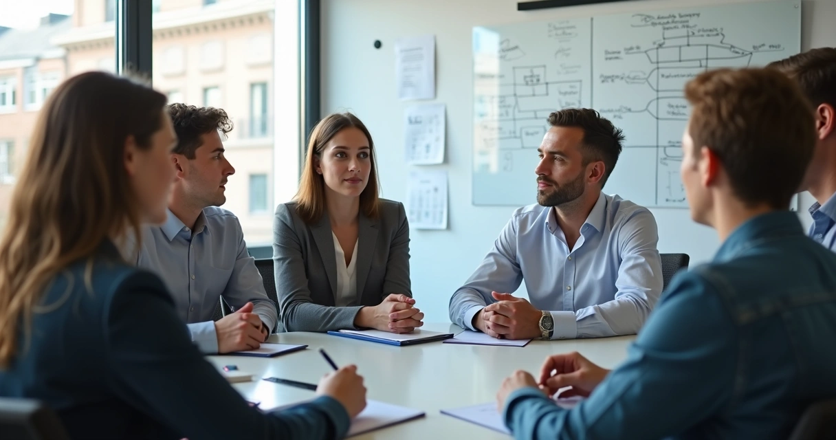 Gestores reunidos dando feedback em reunião clara e aberta