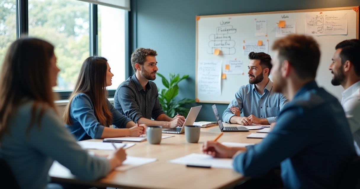 Equipe em reunião de feedback com gráficos na parede 