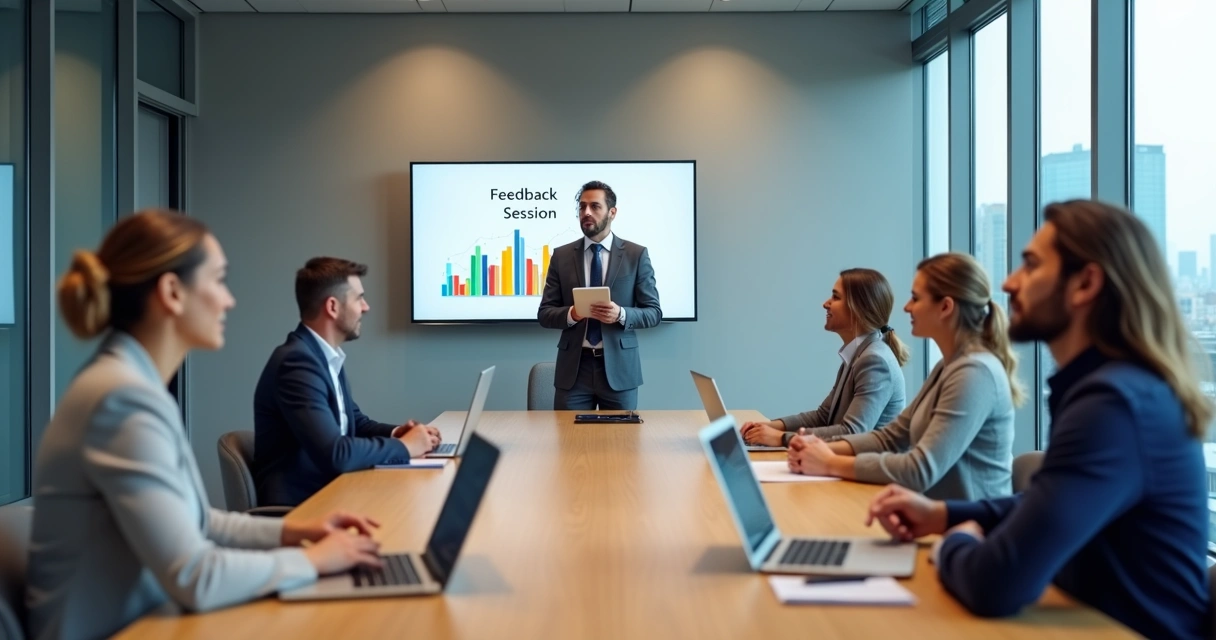 Líder dando feedback superficial em reunião de trabalho tensa 