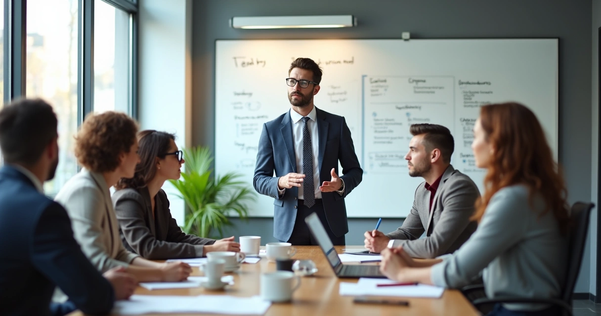 Líder dando feedback construtivo em reunião com equipe em escritório iluminado 