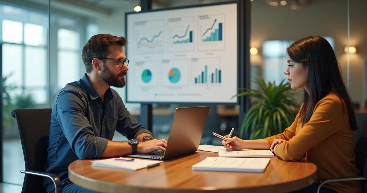 Reunião de feedback com gestor e colaboradora diante de quadro com indicadores 