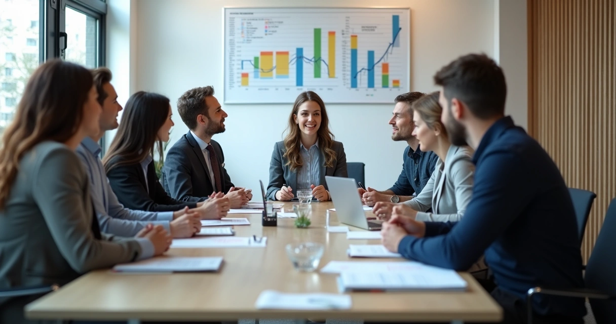 Reunião de equipe com colaboradores discutindo melhorias 