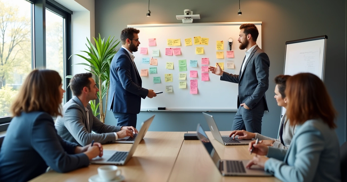 Reunião de feedback transparente em PME com quadro de post-its 