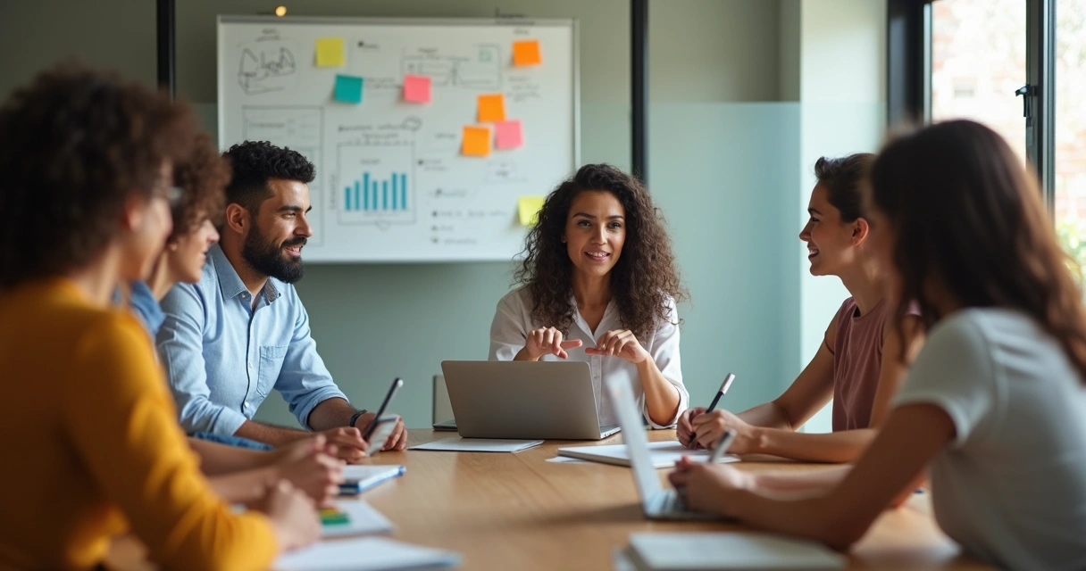 Líder de pequena empresa brasileira conduzindo reunião de feedback com equipe ao redor de mesa redonda 