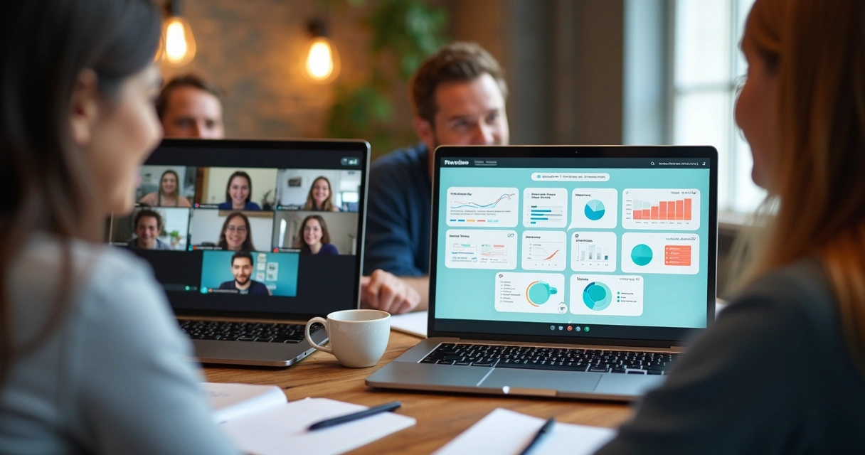 Time remoto em reunião de feedback virtual com telas compartilhadas 