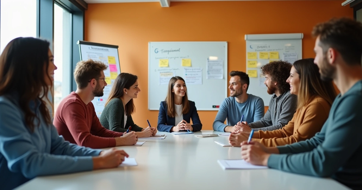 Time ágil em reunião de feedback interagindo ao redor de mesa 