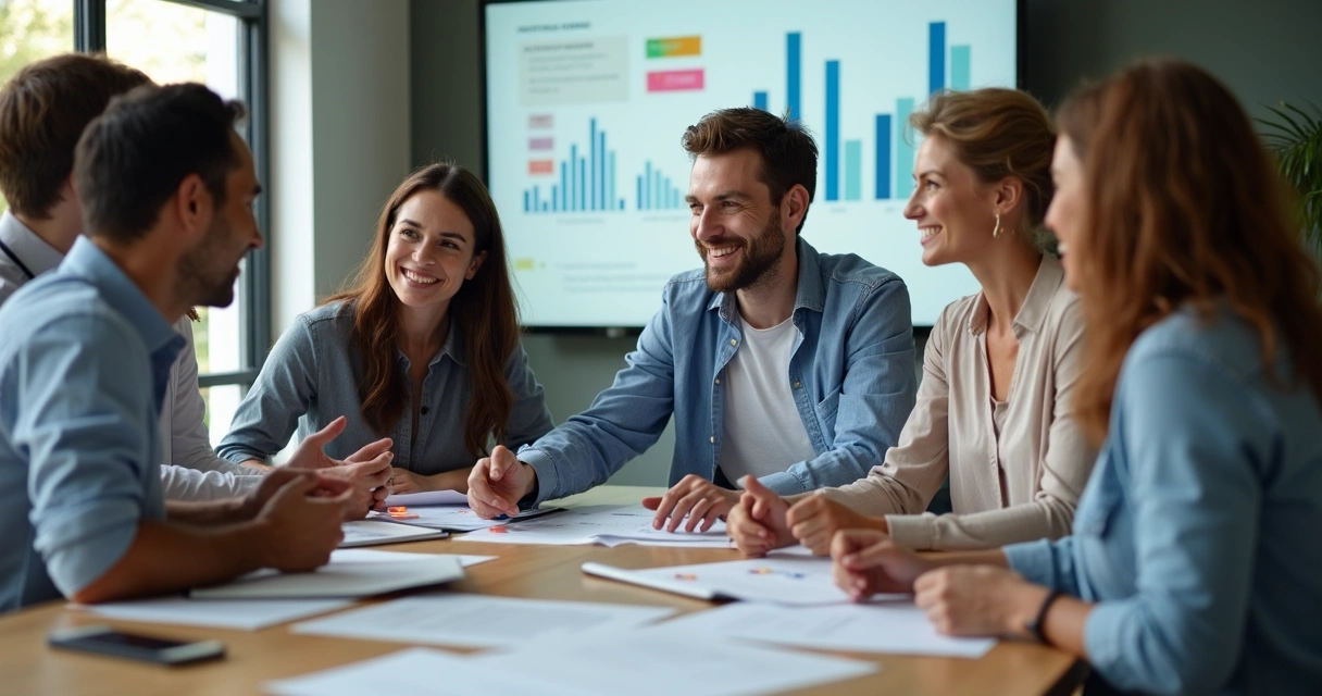 Equipe de diferentes setores em reunião de feedback sobre metas