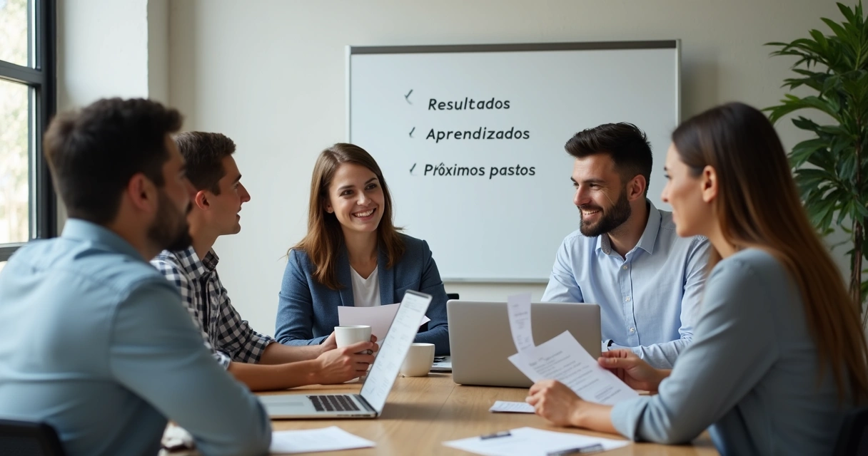 Reunião de feedback com colaboradores em ambiente corporativo 