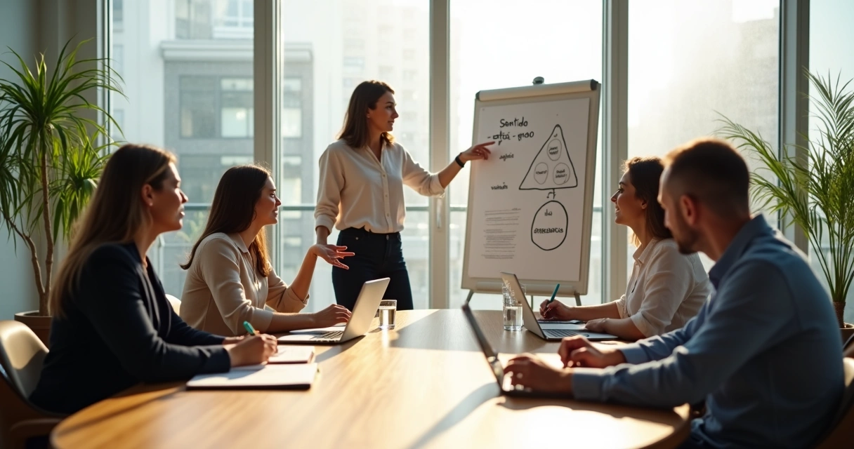 Equipe em reunião refletindo sobre valores e propósito no ambiente de trabalho 
