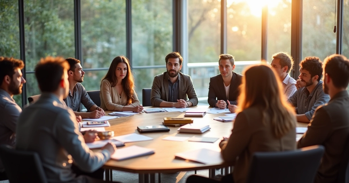 Pessoas em reunião em círculo discutindo ideias de forma colaborativa 