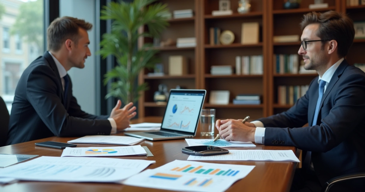 Advogado revisando planilhas financeiras em uma reunião com equipe 