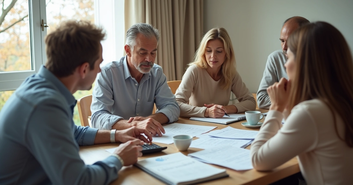 Família reunida analisando contas e orçamento na mesa