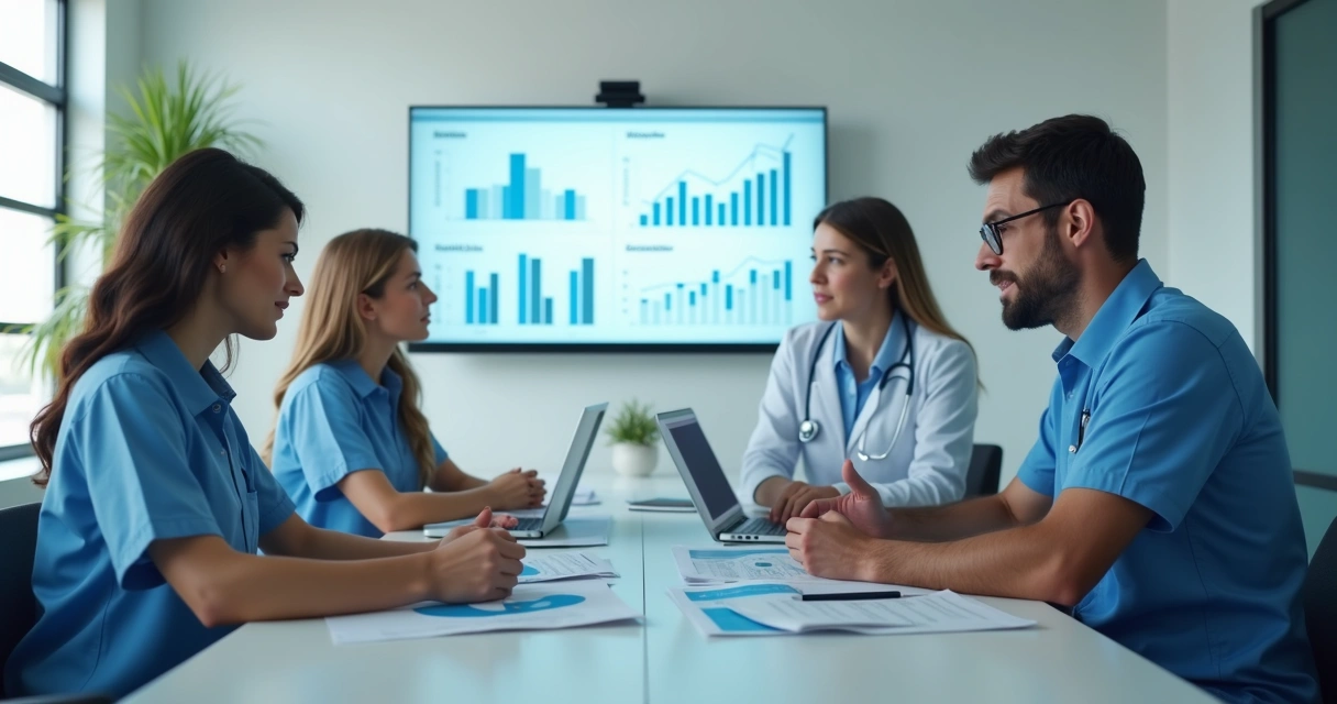 Equipe de clínica revisando indicadores financeiros em reunião